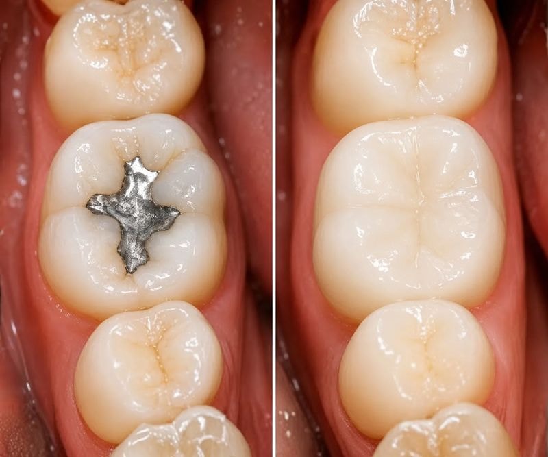 Illustration of a silver filling replaced with a tooth-colored filling