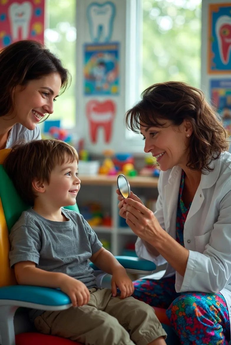 Dentist showing a young boy a mirror while his mother watches